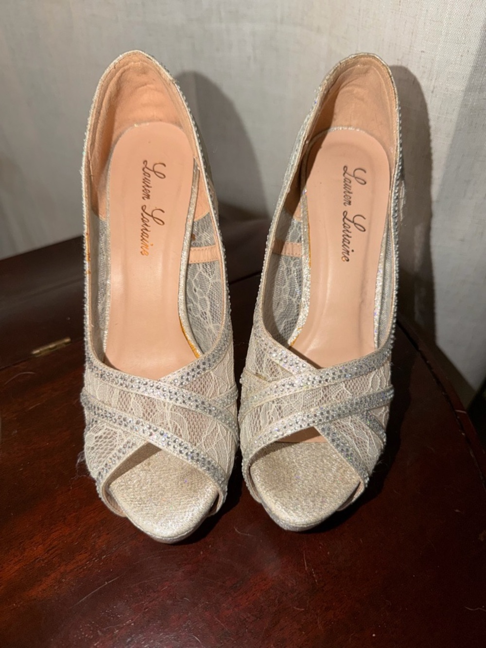 Lauren Lorraine Silver Lace Peep-Toe High Heels with Rhinestone Trim - Picture 3 of 7